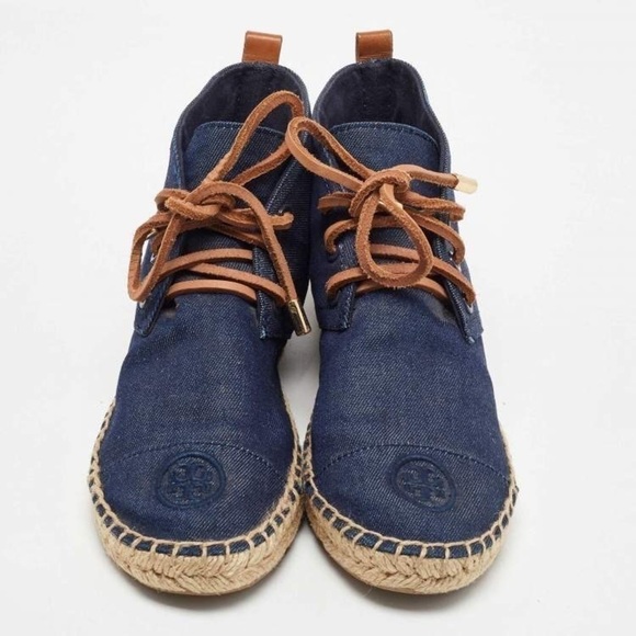 Tory Burch Navy Denim & Leather Canvas Espadrille Lace Up Ankle Bootie - Picture 1 of 13